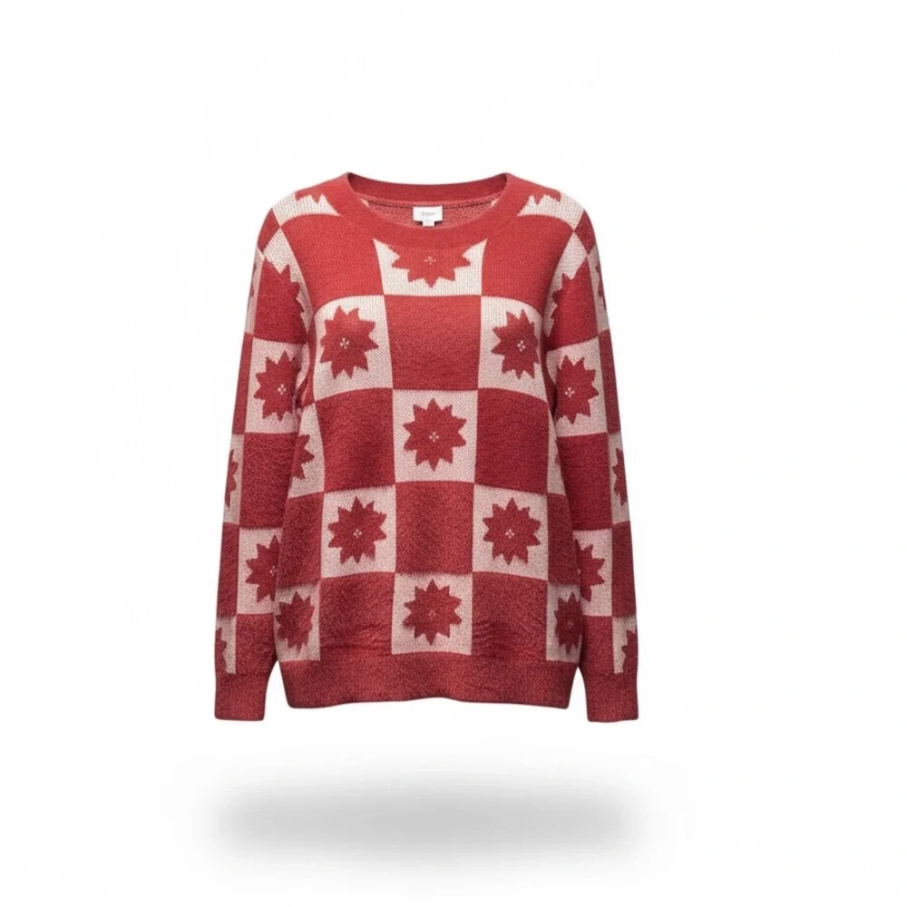 LulaRoe Holiday Poinsettia Red Check Eyelash Sweater. Size Large